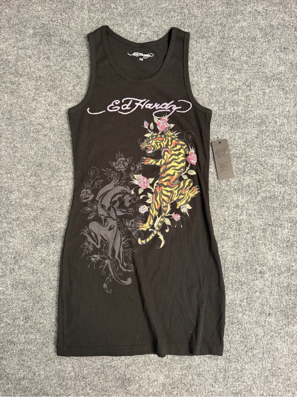 Ed Hardy Black Tank with Yellow Tiger & Pink Rose mini dress